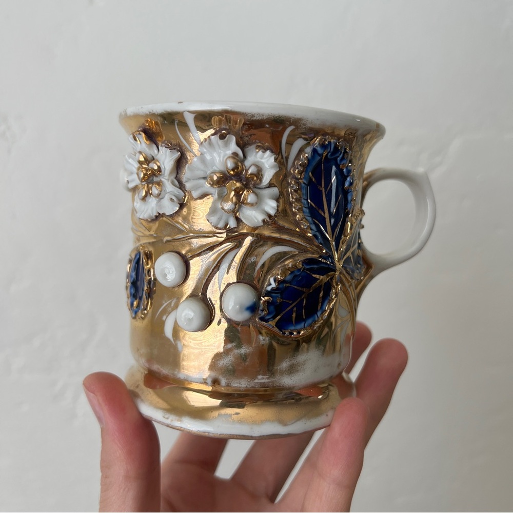 Antique Porcelain gilded German Back-stamp Lusterware Shaving Mug flowers vine